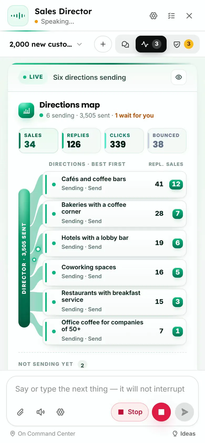 The Sales Director at work: the directions sending mail and the results they bring, what waits for you, the live feed and the goal of 2,000 new customers
