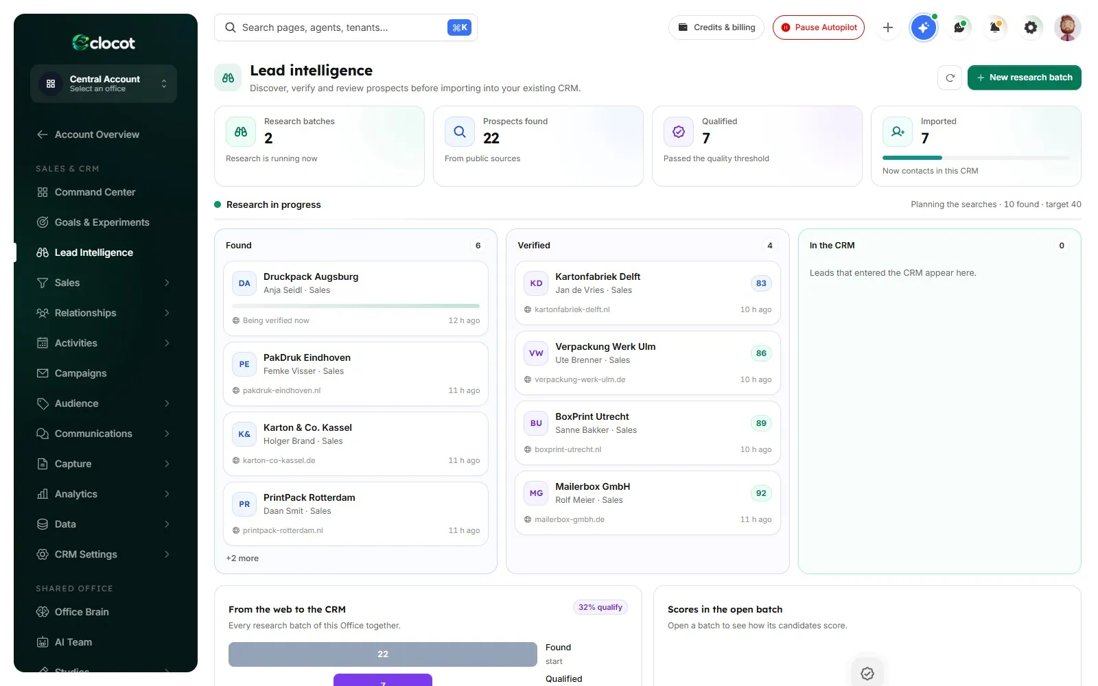 Lead research in the AI Sales & CRM Office: companies found and verified