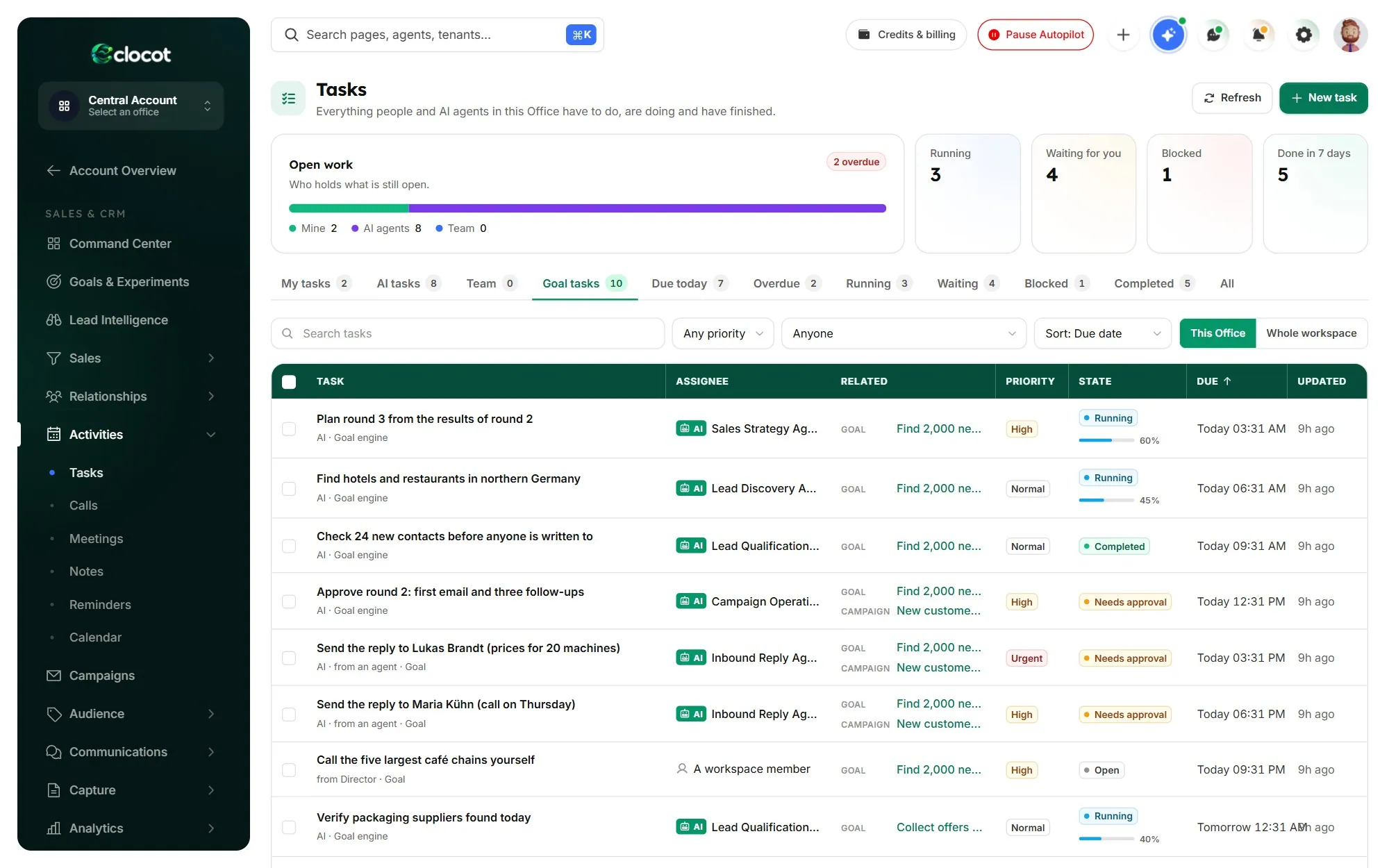The Task Center with the AI team’s work and what waits for approval